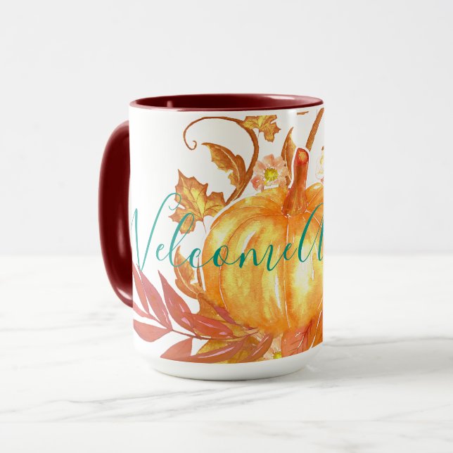Mug Bienvenue Automne Automne Citrouille Vins Feuilles (Devant gauche)