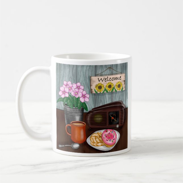 Mug Bienvenue, tournesols, beignets et café (Gauche)