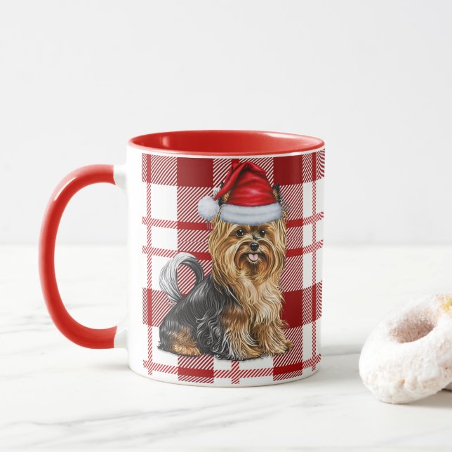 Mug Biewer Terrier Dog et un Red Holiday Plaid (Avec donut)