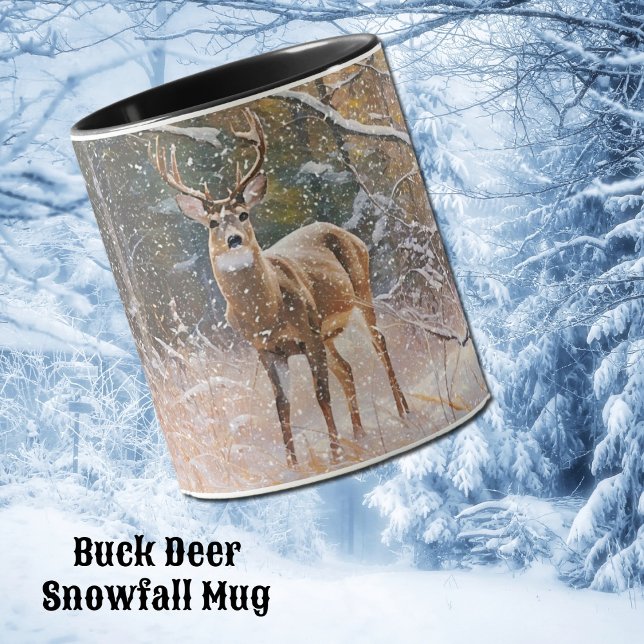 Mug Big Buck Deer Antlers dans la neige et les arbres  (A buck White-tailed deer in a snow scene art mug.)