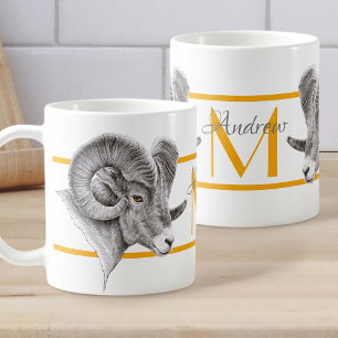 Mug Bighorn Ram Animal art Aries Zodiac signe Monogram