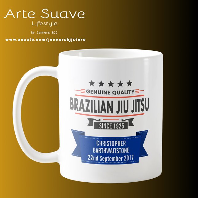 Mug BJJ Blue Belt Classé Avec Le Nom Et La Date De Réc (Brazilian Jiu Jitsu personalized blue belt coffee mug)