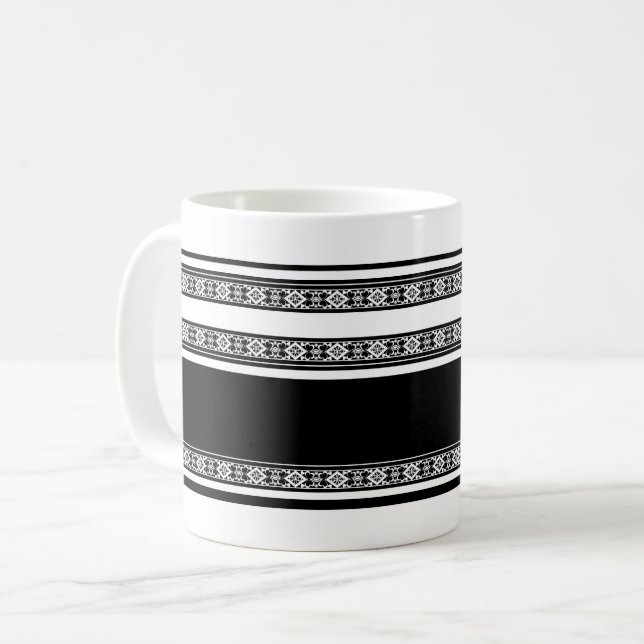 Mug Black and white lace braid and horizontal stripes  (Devant gauche)