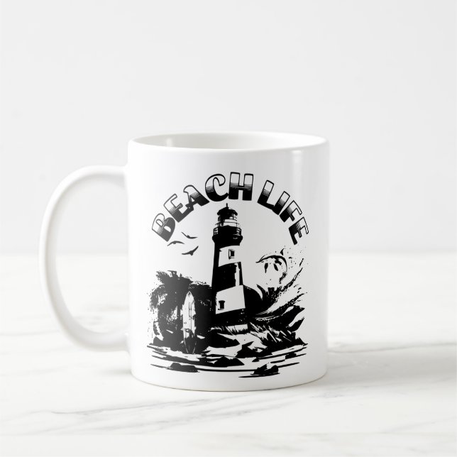 Mug Black and White Lighthouse Beach Life (Gauche)