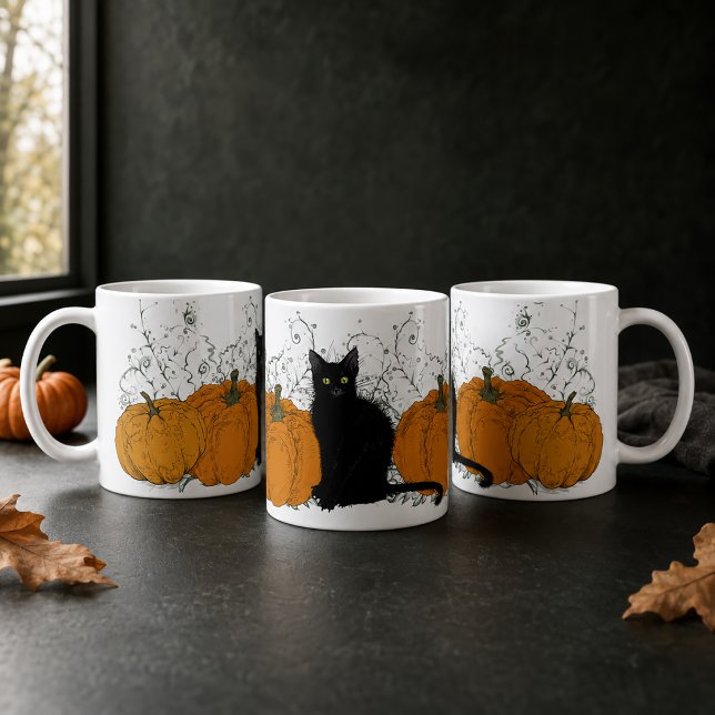 Mug Black Cat and Pumpkins Halloween (Moody Black Cat Mug)