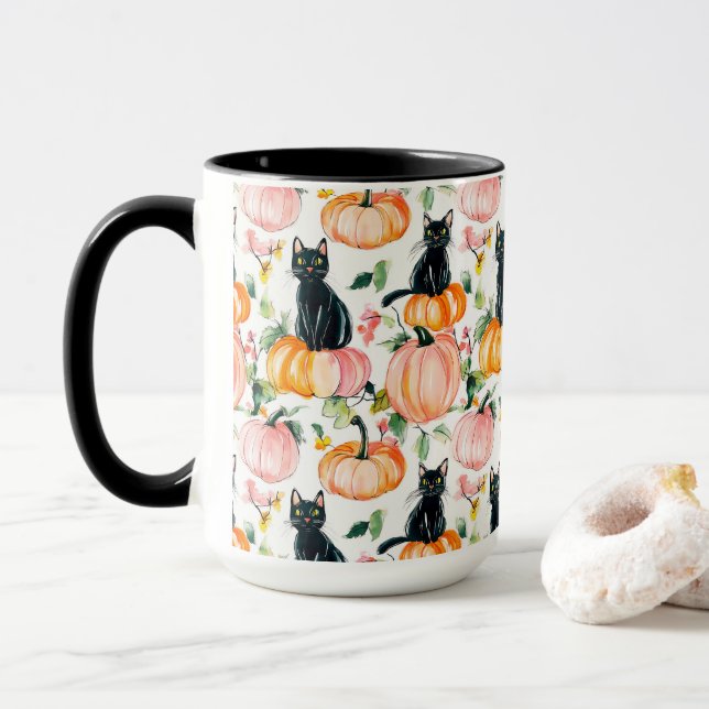 Mug Black Cat & Pumpkin Fall Spooky Halloween Coffee  (Avec donut)