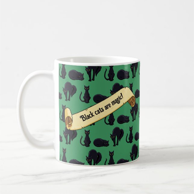 Mug Black Cats Are Magic! Witches Cat Pixel Art Stripe (Gauche)