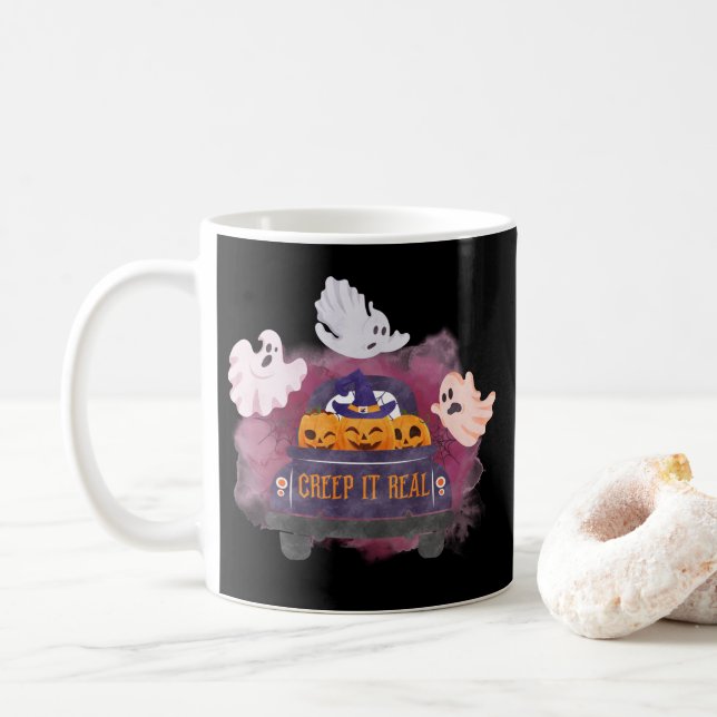 Mug Black Creep It Real Citrouille Ghost Halloween (Avec donut)