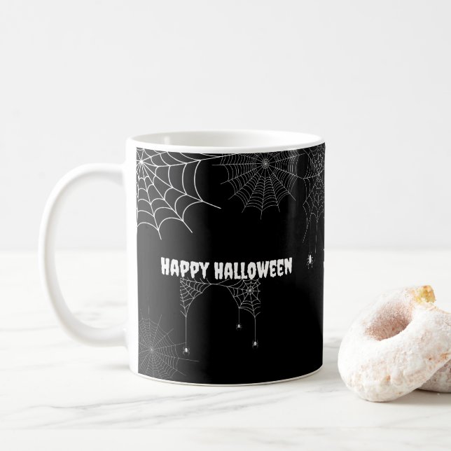 Mug Black Éffrayant Spider Web Happy Halloween Nom (Avec donut)