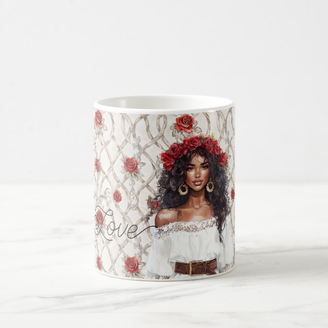 Mug Black Female Roses Wreath Faux Wood Floral Love (Centre)