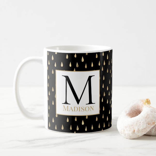 Mug Black Gold Raindrop Moderne Monogramme tendance (Avec donut)