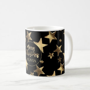 Mug Black Gold Stars Motif Ajouter un nom Joyeux Noël