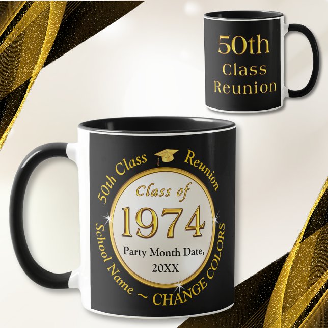 Mug Black Gold White, Souvenirs de réunion de classe 5 (Class of 1974 Reunion. 50 year class reunion souvenirs. Black and Gold. 50th class reunion ideas.)