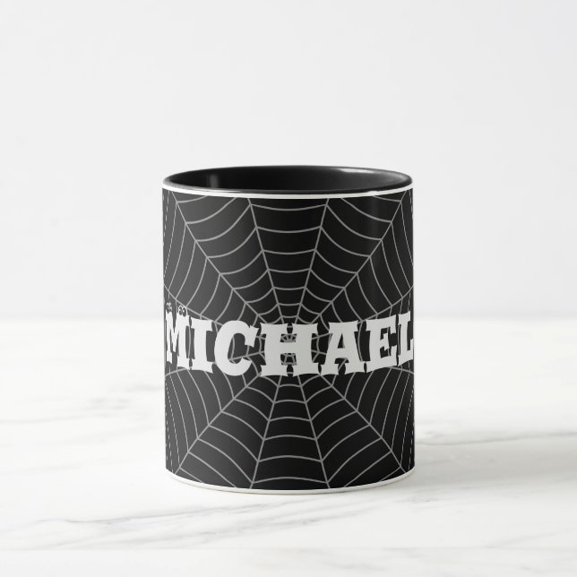 Mug Black grey spider web Halloween motif Votre nom (Centre)