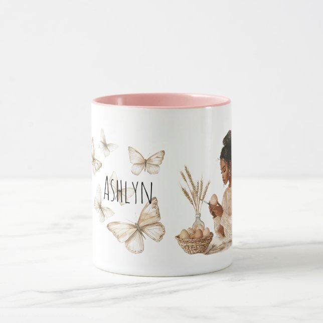Mug Black Hair Girl Easter Eggs Butterflies (Centre)