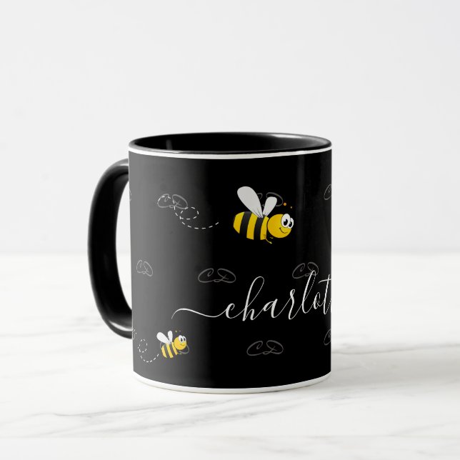 Mug Black happy bumble abeilles été fun humour monogra (Devant gauche)