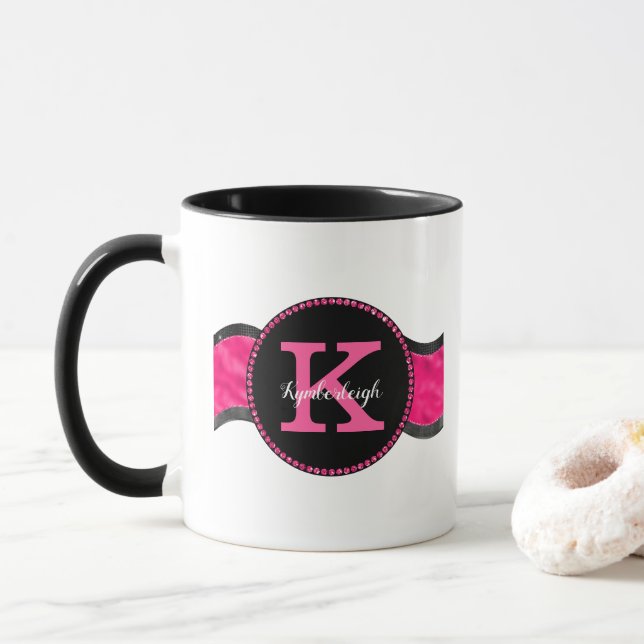 Mug Black Hot rose Gris Waves Girl Glam Nom du monogra (Avec donut)