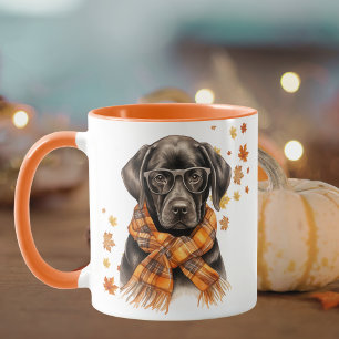 Mug Black Labrador Retriever Glaces Plaid Scarf Fall