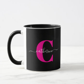 Mug Black Pink Modern Stylish Script Monogram Name