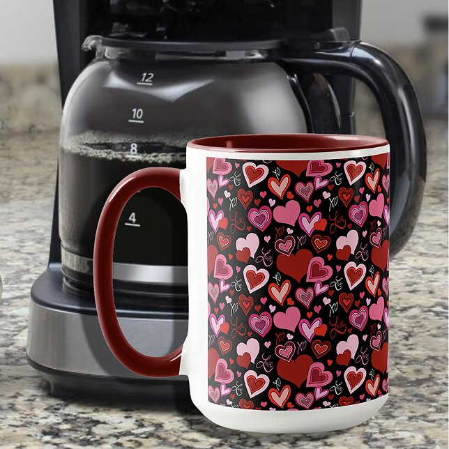 Mug Black Pink Red Hearts Love Pattern (Créateur téléchargé)