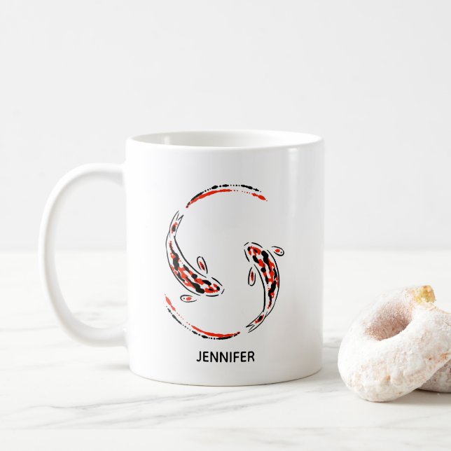 Mug Black & Red Japanese Koi Fish Artistic (Avec donut)