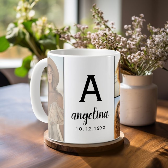 Mug Black White - 5 Photo Collage - Mod Monogramme (Personalized Coffee Mug)