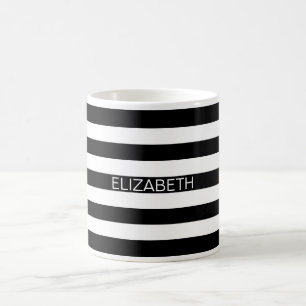 Mug Black White Horizontal Preppy Stripe Nom monogram