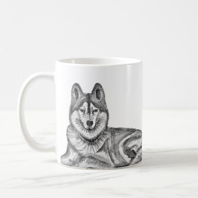 Mug Black & White Ink & Watercolor Siberian Husky (Gauche)