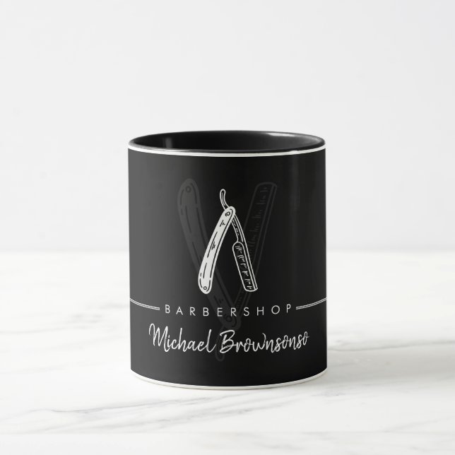 Mug Black White Lineart Elegant Logo Razor Gift Barber (Centre)