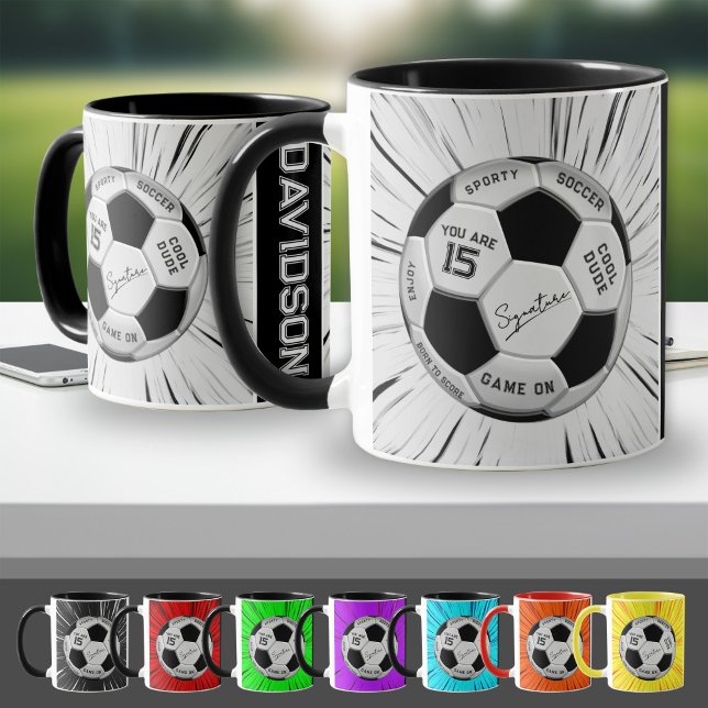 Mug Black White Soccer Ball Custom Age Name Birthday  (Créateur téléchargé)