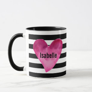 Mug Black + White Stripes Aquarelle Coeur VOTRE NOM