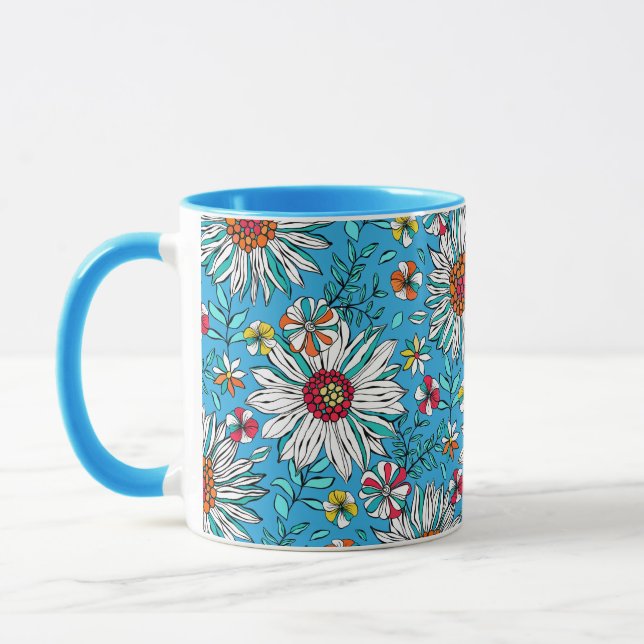 Mug Blanc Bleu Jaune Orange Rouge Fleurs de marais Mot (Gauche)