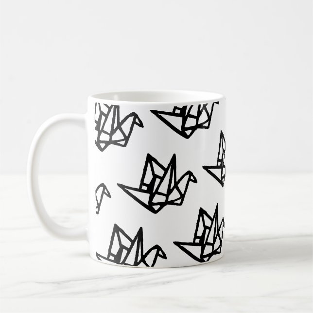 Mug Blanc et noir - Origami Papier Grue Linocut (Gauche)