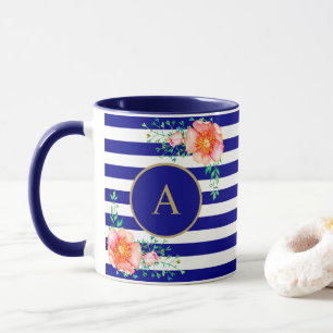 Mug Blanc floral vintage de marine de monogramme d'or