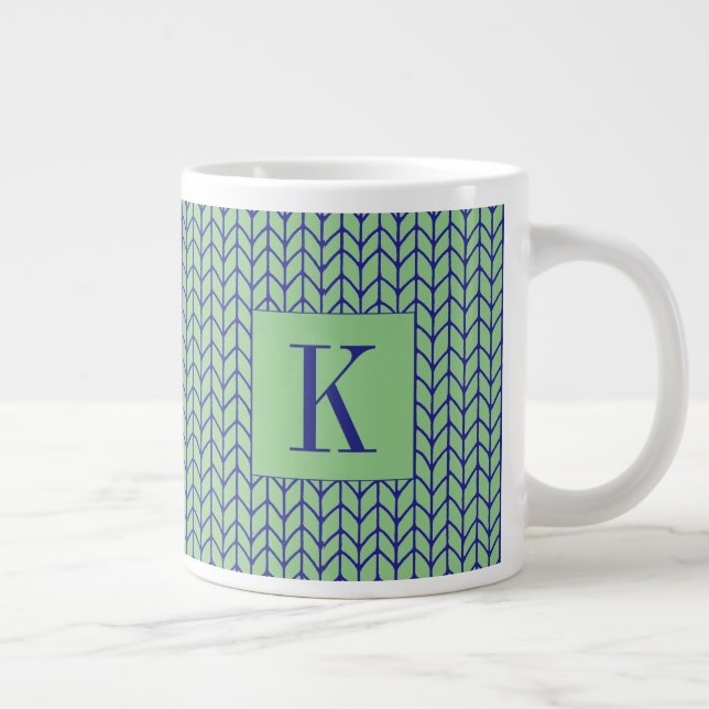 Mug Blanc Grand Tricot BLEU VERT + Initiale (Droite)