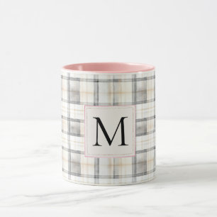 Mug Blanc gris chic carreaux rayures monogramme