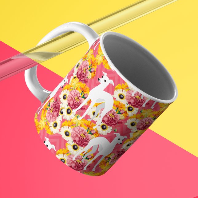 Mug Blanc italien Greyhounds avec fleurs (Créateur téléchargé)
