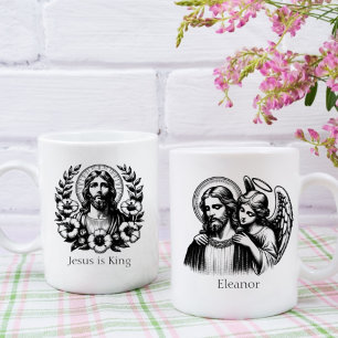 Mug Blanc noir Floral Jésus Christ Guardian Angel
