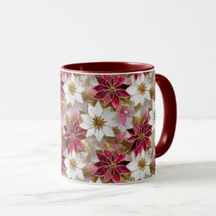Mug Blanc Or Bourgogne rose Poinsettias de Noël