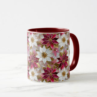 Mug Blanc Or Bourgogne rose Poinsettias de Noël