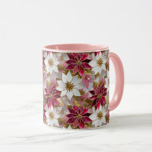 Mug Blanc Or Bourgogne rose Poinsettias de Noël
