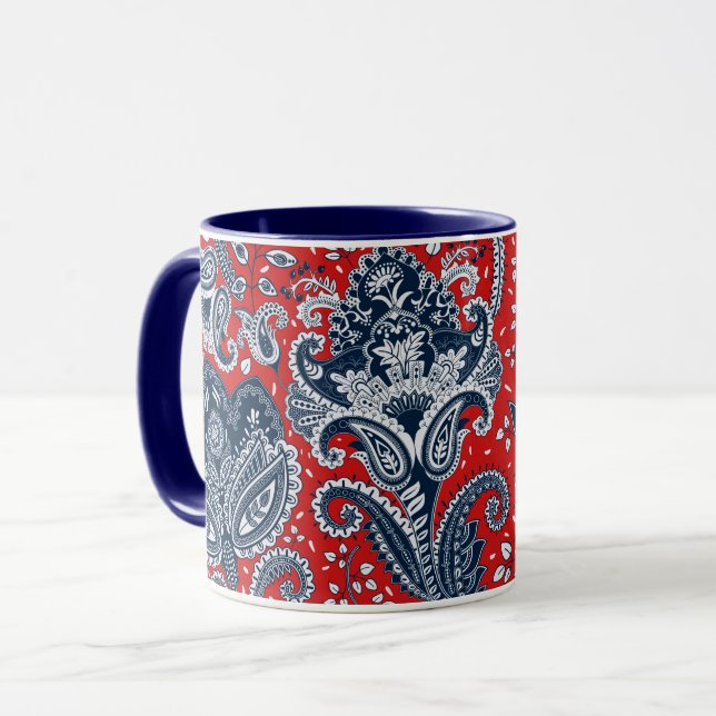 Mug Blanc rouge et bleu Floral Paisley Bohemian Boho (Devant gauche)