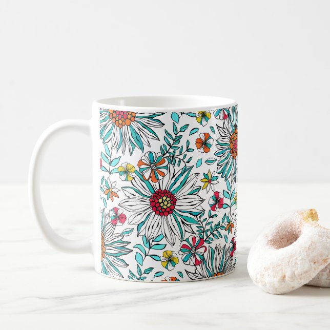 Mug Blanc Turquoise Jaune orange Rouge Fleurs de margu (Avec donut)