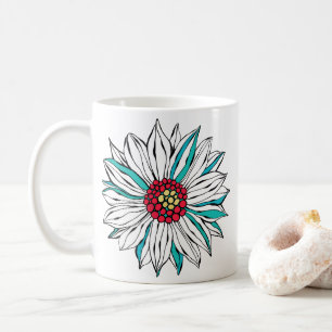 Mug Blanc Turquoise Jaune Orange Rouge Fleurs margueri