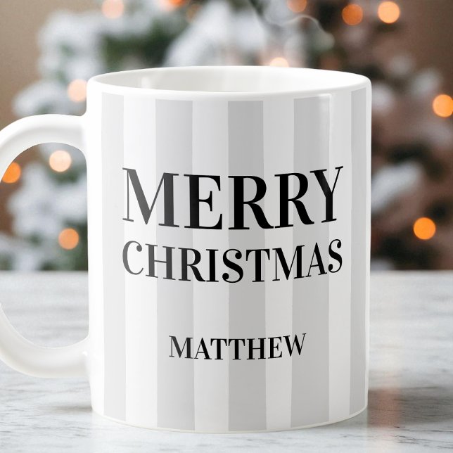 Mug Blancs et Noirs Grandes Têtes Joyeuses Noël (Black and White Modern Stripes Merry Christmas Coffee Mug)