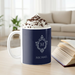 Mug Blason Antique Vintage Monogramme Bleu Marine & No