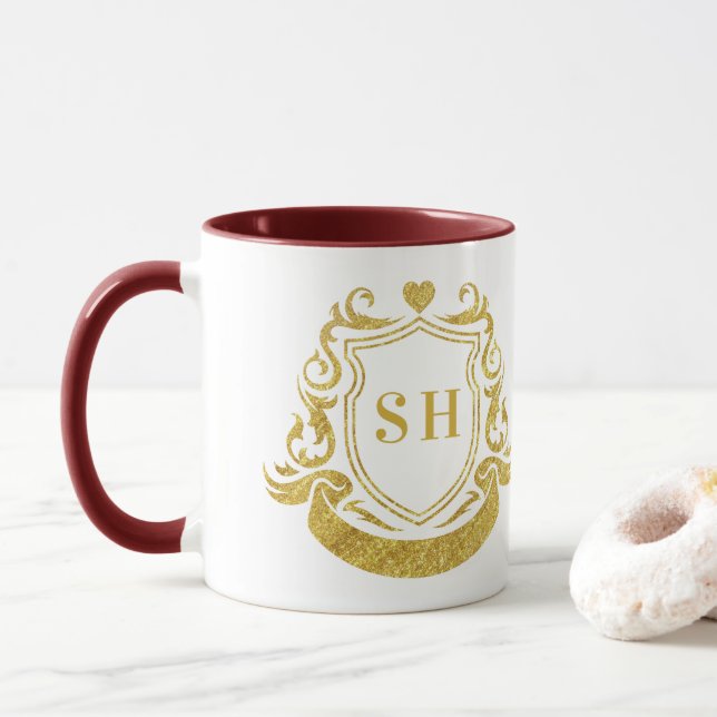 Mug Blason de ruban élégant et monogramme initial doré (Avec donut)