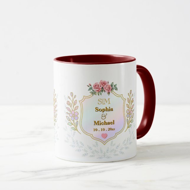 Mug Blason Floral Élégant avec Monogramme à Initiales  (Devant droit)