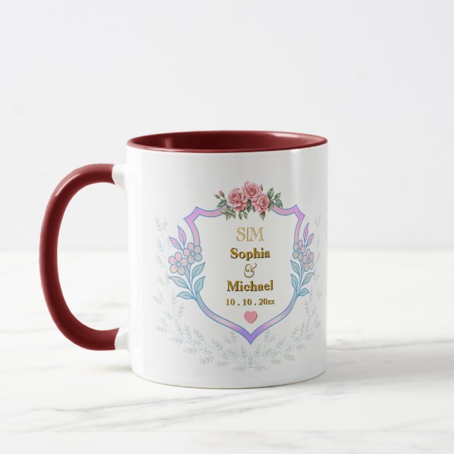Mug Blason Floral Élégant avec Monogramme à Initiales  (Gauche)