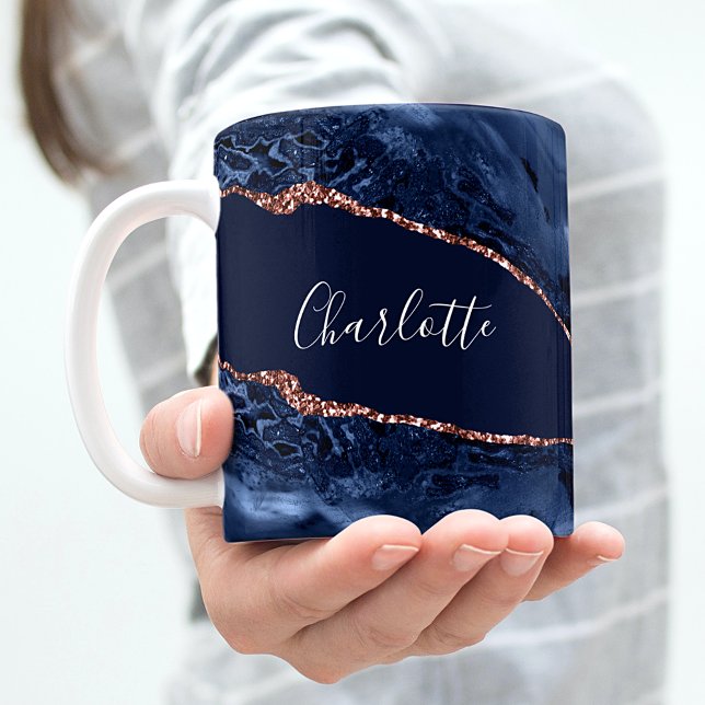 Mug Bleu agate marbre rose or nom script (Créateur téléchargé)